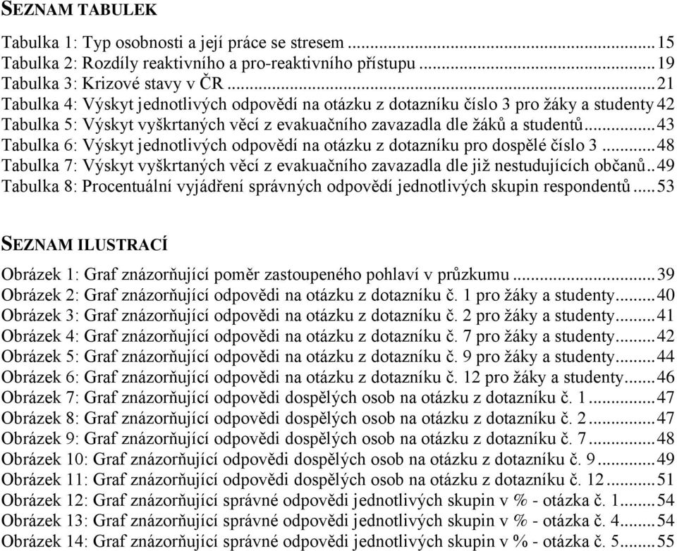 .. 43 Tabulka 6: Výskyt jednotlivých odpovědí na otázku z dotazníku pro dospělé číslo 3... 48 Tabulka 7: Výskyt vyškrtaných věcí z evakuačního zavazadla dle jiţ nestudujících občanů.