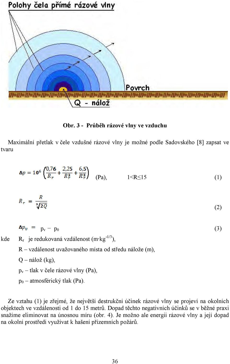 (Pa). Ze vztahu (1) je zřejmé, že největší destrukční účinek rázové vlny se projeví na okolních objektech ve vzdálenosti od 1 do 15 metrů.