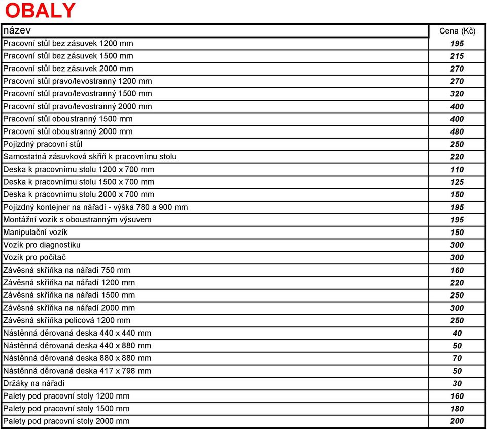 skříň k pracovnímu stolu 220 Deska k pracovnímu stolu 1200 x 700 mm 110 Deska k pracovnímu stolu 1500 x 700 mm 125 Deska k pracovnímu stolu 2000 x 700 mm 150 Pojízdný kontejner na nářadí - výška 780