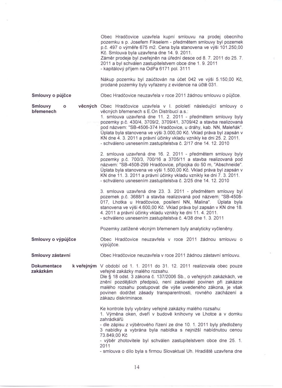 3111 Nákup pozemku byl zaúčtován na účet 042 ve výši 5.150,00 Kč, prodané pozemky byly vyřazeny z evidence na účtě 031. Smlouvy o půjčce Obec Hradčovice neuzavřela v roce 2011 žádnou smlouvu o půjčce.