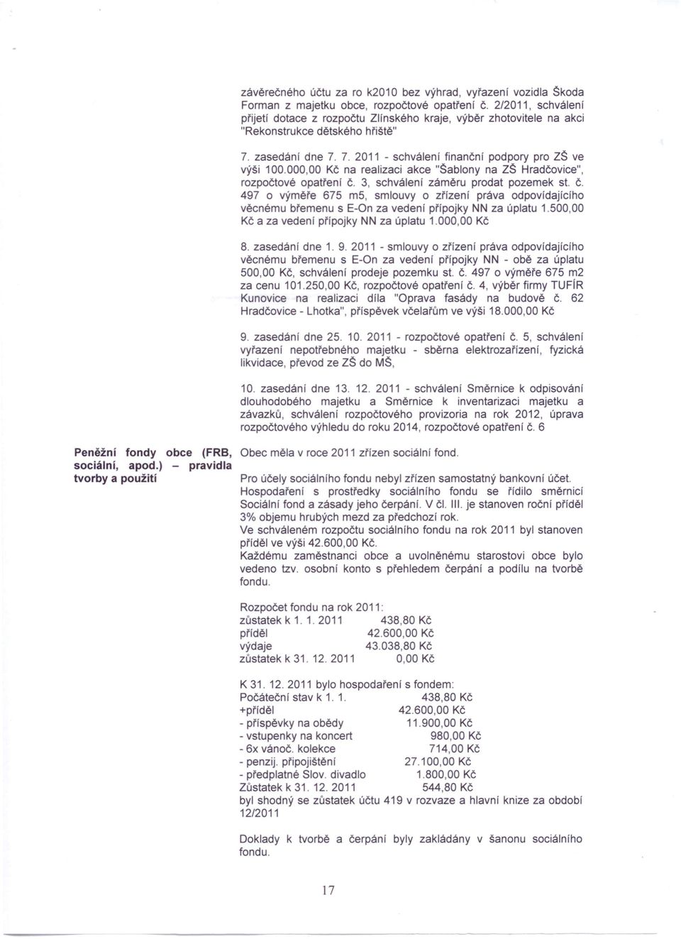 000,00 Kč na realizaci akce "Šablony na ZŠ Hradčovice", rozpočtové opatření Č. 3, schválení záměru prodat pozemek st. Č. 497 o výměře 675 m5, smlouvy o zřízení práva odpovídajícího věcnému břemenu s E-On za vedení přípojky NN za úplatu 1.