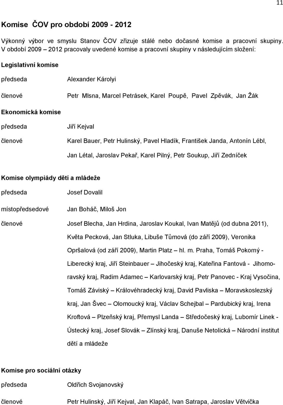 Jan Žák Ekonomická komise předseda členové Jiří Kejval Karel Bauer, Petr Hulinský, Pavel Hladík, František Janda, Antonín Lébl, Jan Létal, Jaroslav Pekař, Karel Pilný, Petr Soukup, Jiří Zedníček