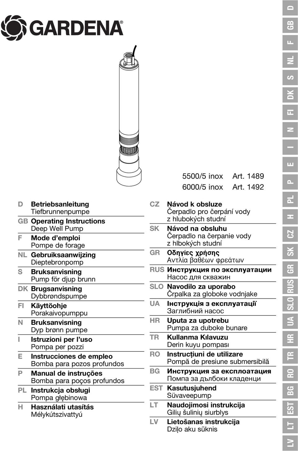 P Manual de instruções Bomba para poços profundos PL Instrukcja obsługi Pompa głębinowa H Használati utasítás Mélykútszivattyú 5500/5 inox Art. 1489 6000/5 inox Art.