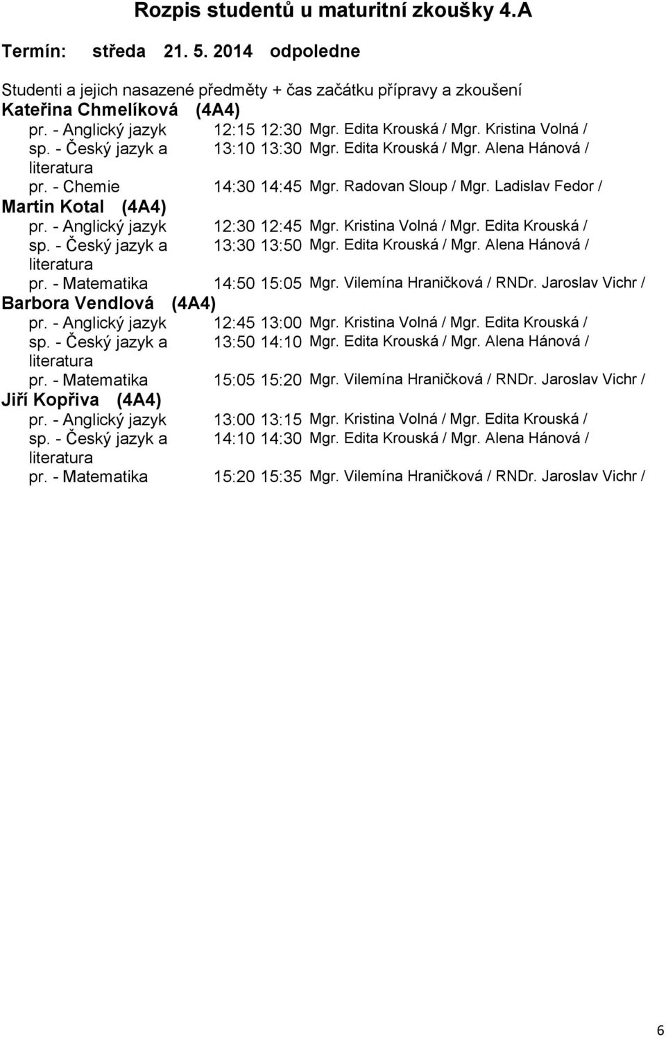 Alena Hánová pr. - Matematika 14:50 15:05 Mgr. Vilemína Hraničková RNDr. Jaroslav Vichr Barbora Vendlová (4A4) pr. - Anglický jazyk 12:45 13:00 Mgr. Kristina Volná Mgr. Edita Krouská 13:50 14:10 Mgr.