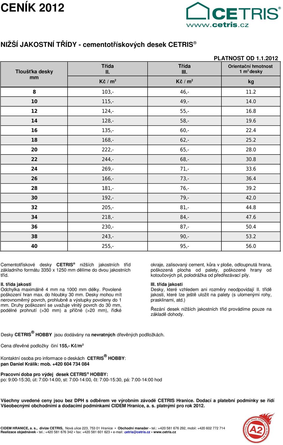 6 36 230,- 87,- 50.4 38 243,- 90,- 53.2 40 255,- 95,- 56.0 Cementotřískové desky CETRIS nižších jakostních tříd základního formátu 3350 x 1250 dělíme do dvou jakostních tříd. II.