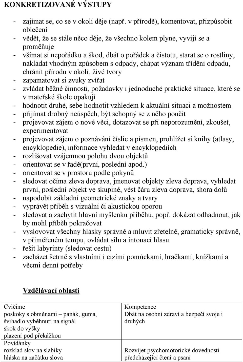 rostliny, nakládat vhodným způsobem s odpady, chápat význam třídění odpadu, chránit přírodu v okolí, živé tvory - zapamatovat si zvuky zvířat - zvládat běžné činnosti, požadavky i jednoduché