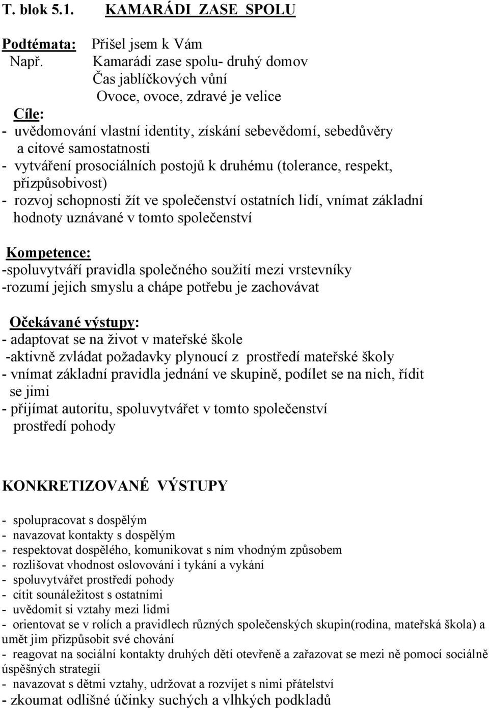 prosociálních postojů k druhému (tolerance, respekt, přizpůsobivost) - rozvoj schopnosti žít ve společenství ostatních lidí, vnímat základní hodnoty uznávané v tomto společenství Kompetence: