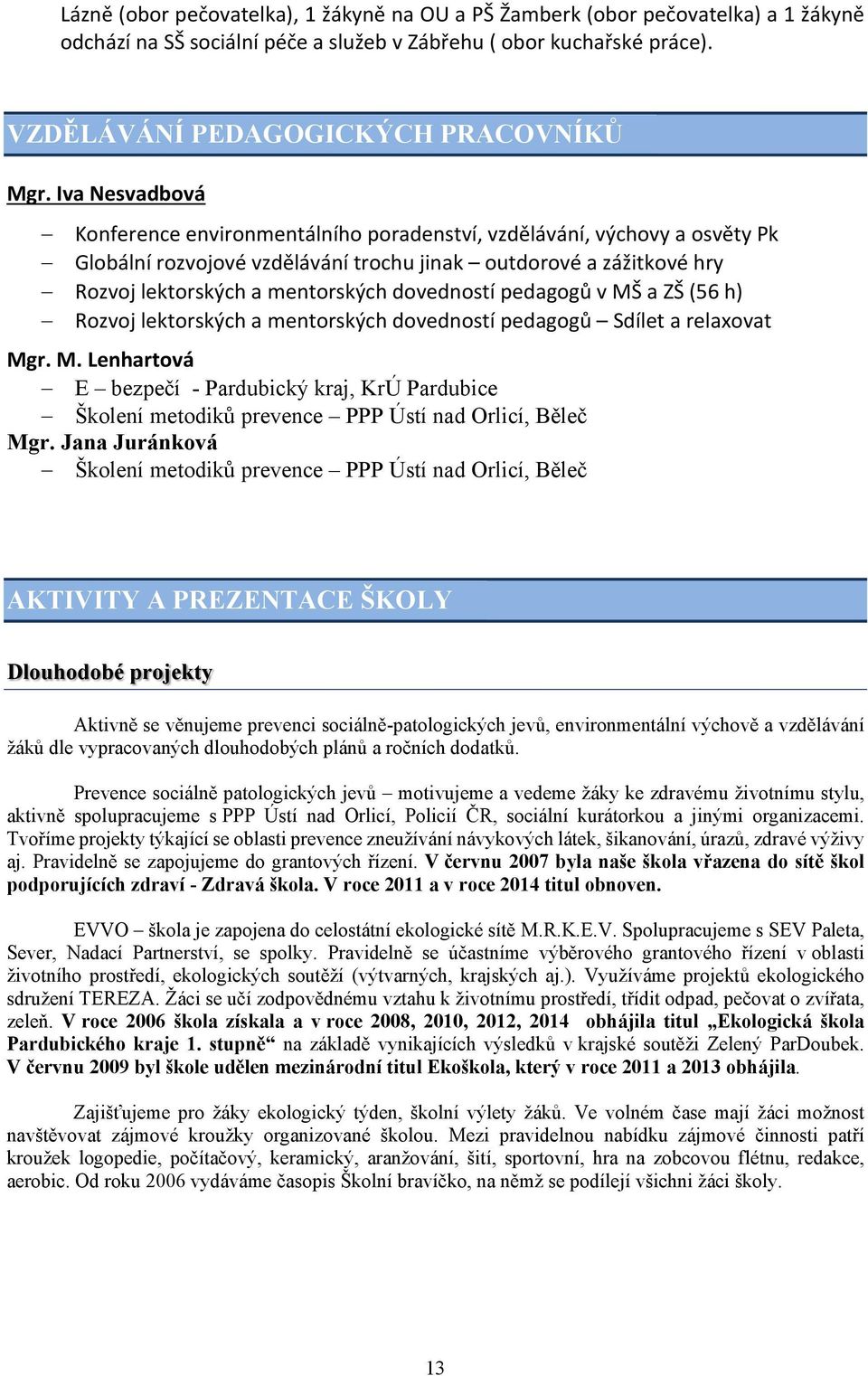 dovedností pedagogů v MŠ a ZŠ (56 h) Rozvoj lektorských a mentorských dovedností pedagogů Sdílet a relaxovat Mgr. M. Lenhartová E bezpečí - Pardubický kraj, KrÚ Pardubice Školení metodiků prevence PPP Ústí nad Orlicí, Běleč Mgr.