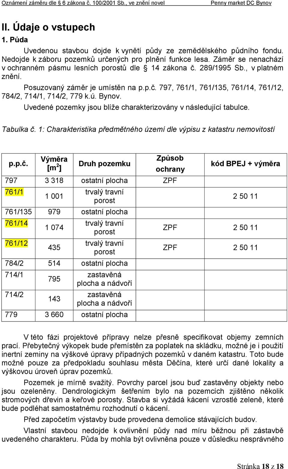 ú. Bynov. Uvedené pozemky jsou blíže charakterizovány v následující tabulce. Tabulka č.