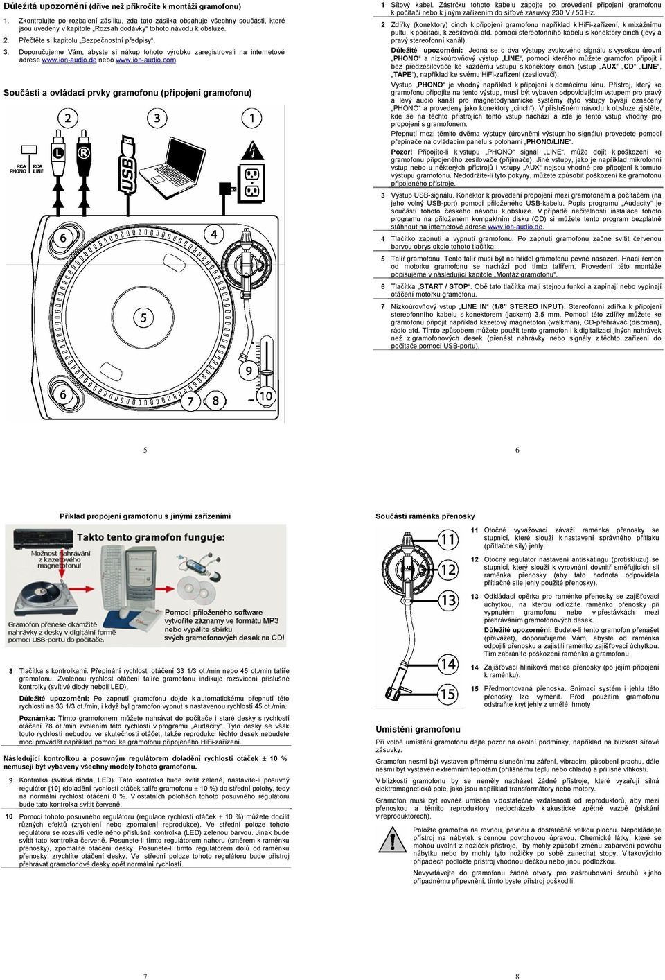 Doporučujeme Vám, abyste si nákup tohoto výrobku zaregistrovali na internetové adrese www.ion-audio.de nebo www.ion-audio.com. Součásti a ovládací prvky gramofonu (připojení gramofonu) 1 Sítový kabel.