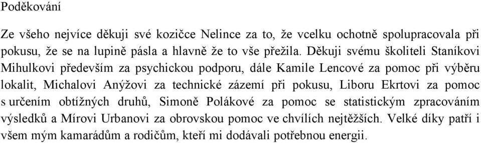 Děkuji svému školiteli Staníkovi Mihulkovi především za psychickou podporu, dále Kamile Lencové za pomoc při výběru lokalit, Michalovi Anýžovi za