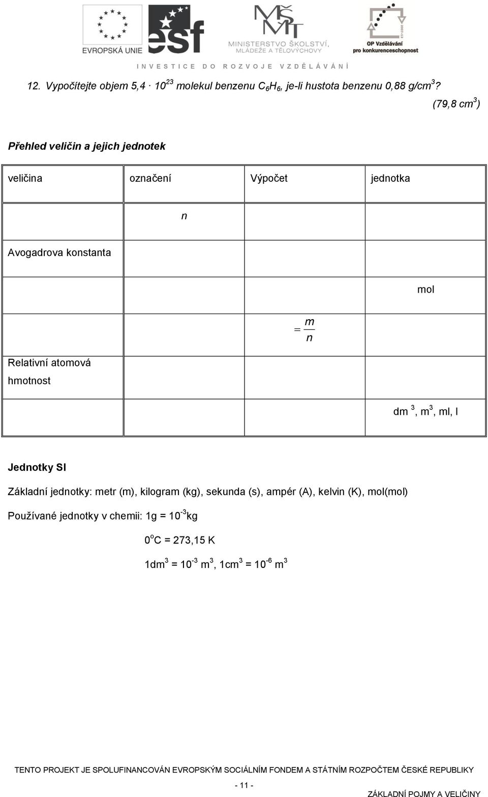 Relativní atomová hmotnost m n dm 3, m 3, ml, l Jednotky SI Základní jednotky: metr (m), kilogram (kg), sekunda