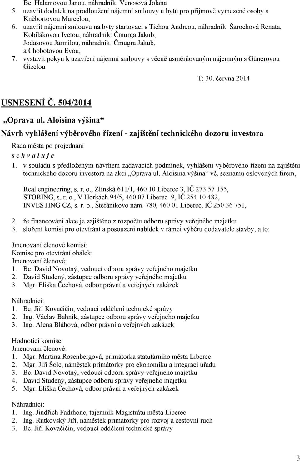 7. vystavit pokyn k uzavření nájemní smlouvy s věcně usměrňovaným nájemným s Günerovou Gizelou T: 30. června 2014 USNESENÍ Č. 504/2014 Oprava ul.