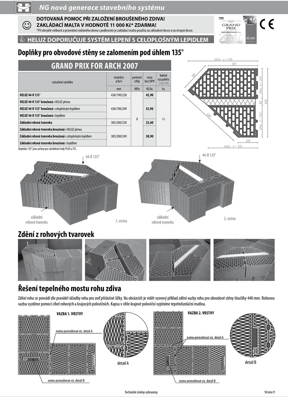 Doplňky pro obvodové stěny se zalomením pod úhlem 135 GRAND PRIX FOR ARCH 2007 HELUZ doporučuje systém lepení výrobku a/b/v HELUZ 44-R 135 436/190/238 HELUZ 44-R 135 broušená s HELUZ pěnou HELUZ 44-R