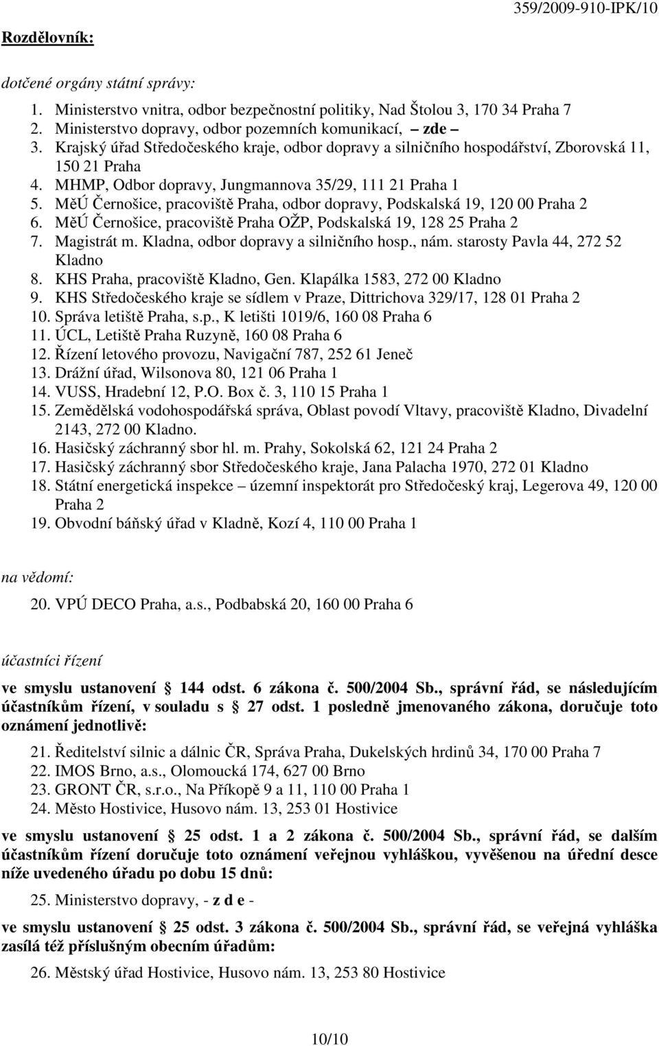 MHMP, Odbor dopravy, Jungmannova 35/29, 111 21 Praha 1 5. MěÚ Černošice, pracoviště Praha, odbor dopravy, Podskalská 19, 120 00 Praha 2 6.