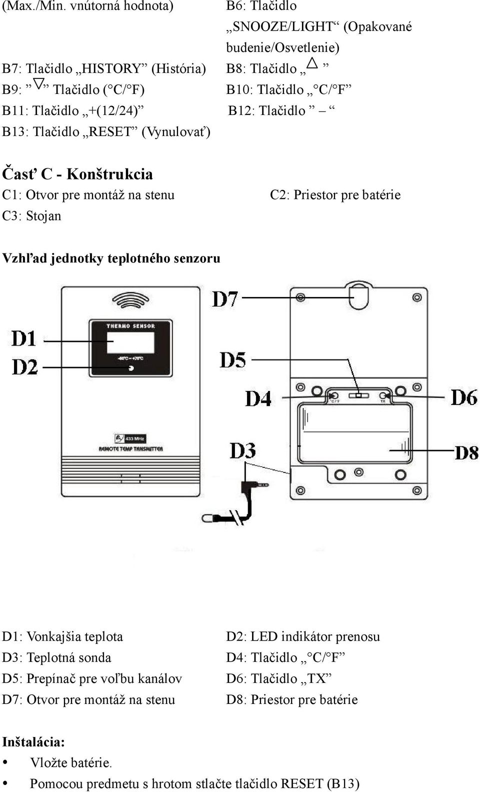 F B11: Tlačidlo +(12/24) B12: Tlačidlo B13: Tlačidlo RESET (Vynulovať) Časť C - Konštrukcia C1: Otvor pre montáž na stenu C2: Priestor pre batérie C3: Stojan