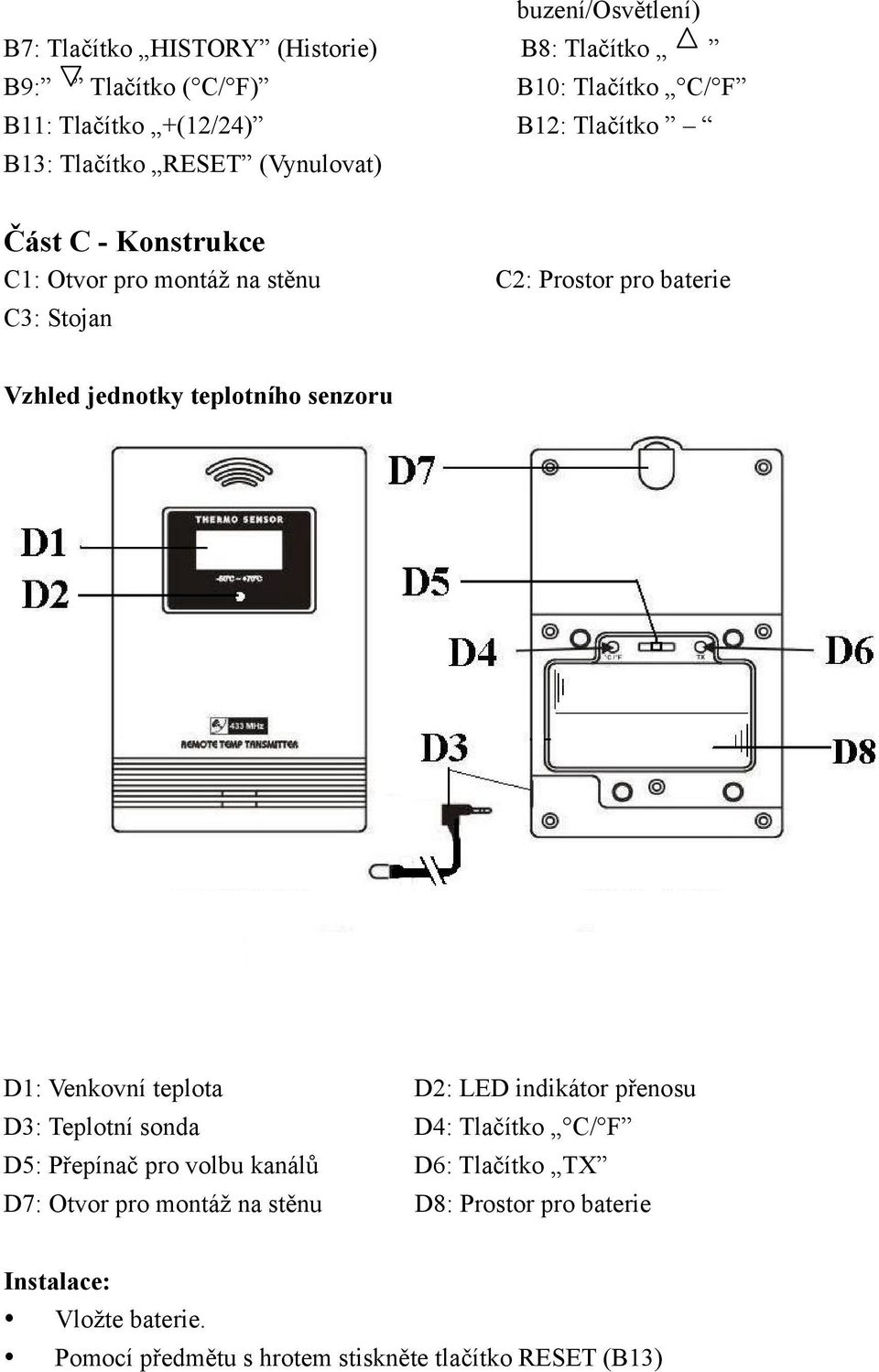 teplotního senzoru D1: Venkovní teplota D2: LED indikátor přenosu D3: Teplotní sonda D4: Tlačítko C/ F D5: Přepínač pro volbu kanálů D6: