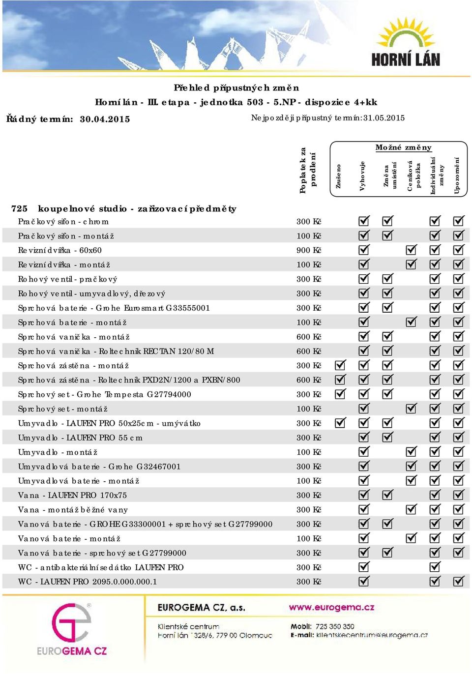 pračkový 300 Kč Rohový ventil - umyvadlový, dřezový 300 Kč Sprchová baterie - Grohe Eurosmart G33555001 300 Kč Sprchová baterie - montáž 100 Kč Sprchová vanička - montáž 600 Kč Sprchová vanička -