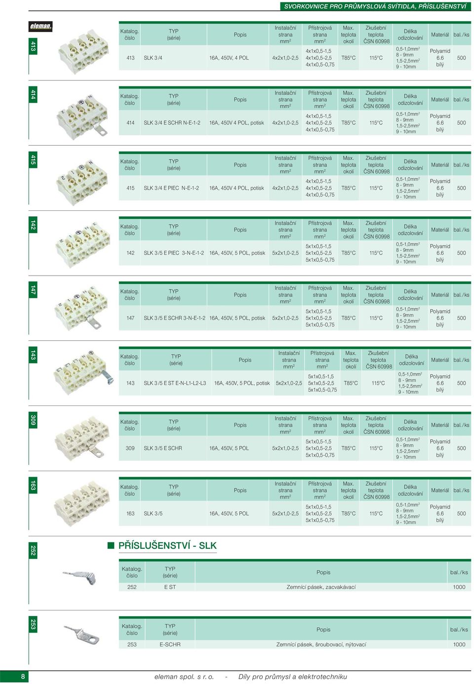 5x2x1,0-2,5 Instalační strana 2 147 SLK 3 /5 E SCHR 3-N-E-1-2 16A, 450V, 5 POL, potisk 5x2x1,0-2,5 Instalační strana 2 143 SLK 3 /5 E ST E-N-L1-L2-L3 16A, 450V, 5 POL, potisk 5x2x1,0-2,5 Instalační