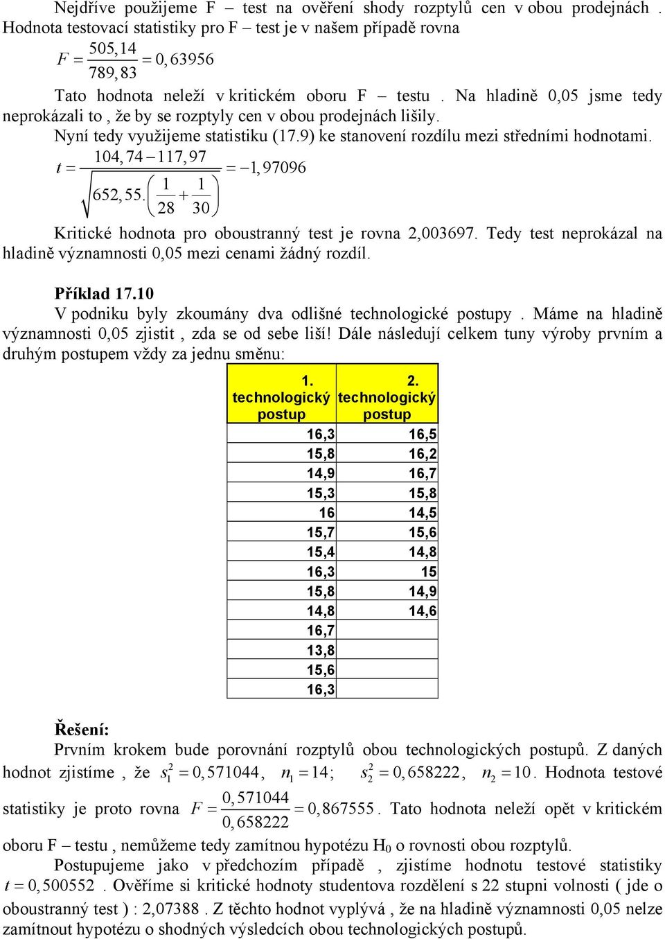 Na hladiě,5 jsme tedy eprokázali to, že by se rozptyly ce v obou prodejách lišily. Nyí tedy využijeme statistiku (7.9) ke staoveí rozdílu mezi středími hodotami. 4,74 7,97 t = =,9796 65,55.