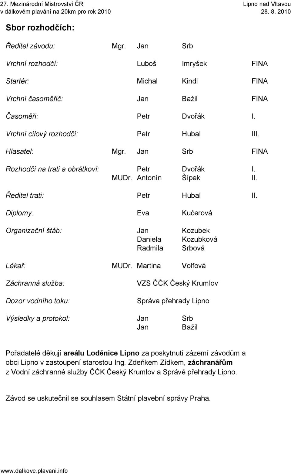 Diplomy: Eva Kučerová Organizační štáb: Jan Kozubek Daniela Kozubková Radmila Srbová Lékař: MUDr.