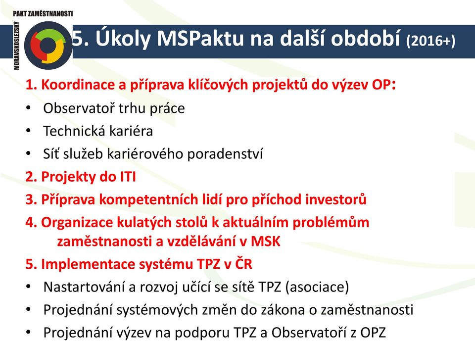 2. Projekty do ITI 3. Příprava kompetentních lidí pro příchod investorů 4.