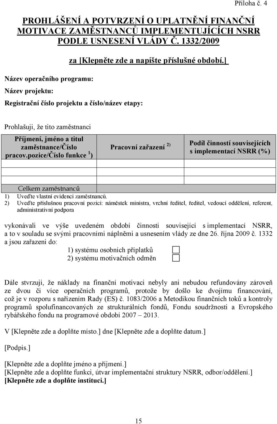 pozice/číslo funkce 1 ) Pracovní zařazení 2) Podíl činností souvisejících s implementací NSRR (%) Celkem zaměstnanců 1) Uveďte vlastní evidenci zaměstnanců.