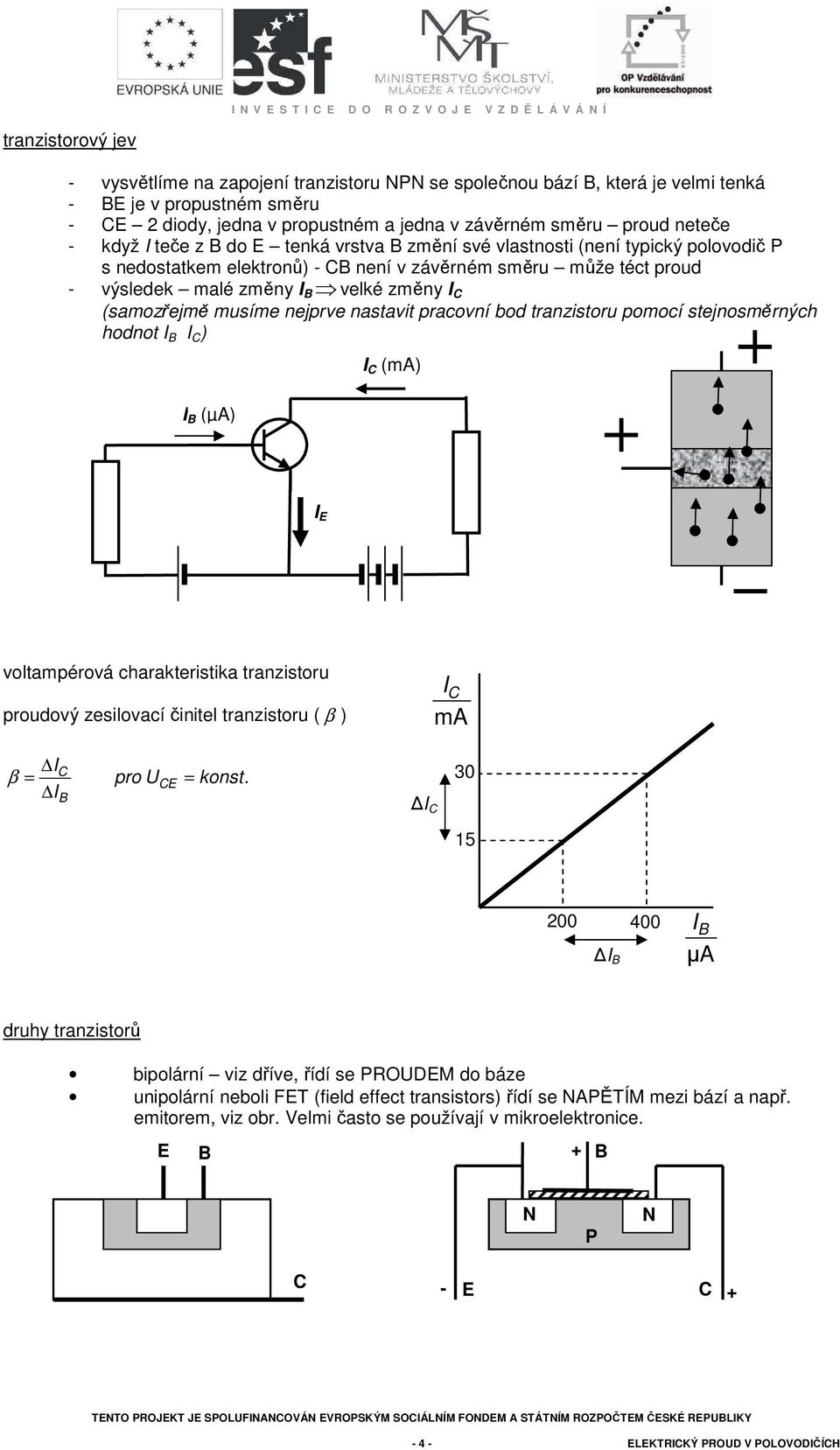 nastavit pracovní bod tranzistoru pomocí stejnosměrných hodnot I I ) I (µa) I (ma) I voltampérová charakteristika tranzistoru proudový zesilovací činitel tranzistoru ( β ) I ma β = I pro U = konst.