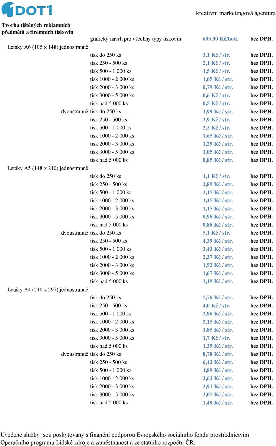 bez DPH. tisk 3000-5 000 ks 0,6 Kč / str. bez DPH. tisk nad 5 000 ks 0,5 Kč / str. bez DPH. dvoustranně tisk do 250 ks 3,99 Kč / str. bez DPH. tisk 250-500 ks 2,9 Kč / str. bez DPH. tisk 500-1 000 ks 2,3 Kč / str.