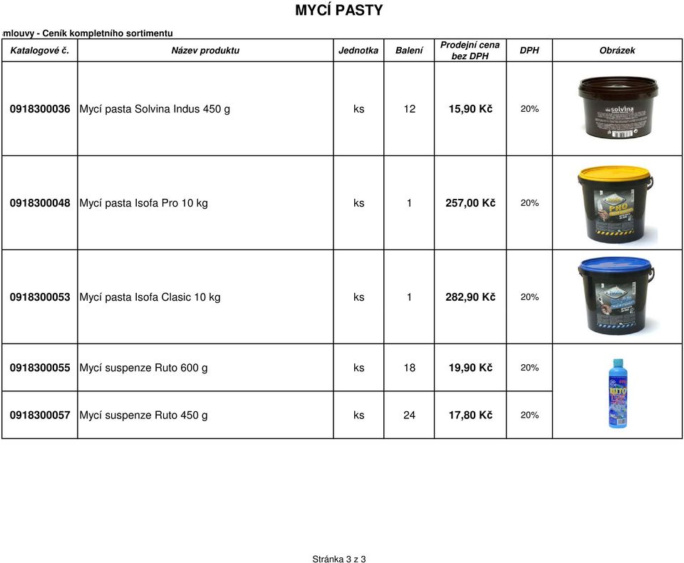 450 g ks 12 15,90 Kč 20% 0918300048 Mycí pasta Isofa Pro 10 kg ks 1 257,00 Kč 20%