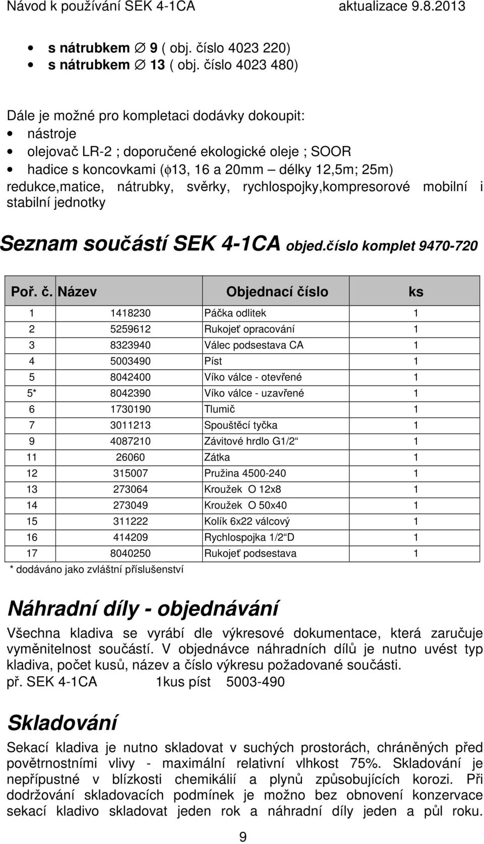 nátrubky, svěrky, rychlospojky,kompresorové mobilní i stabilní jednotky Seznam součástí SEK 4-1CA objed.číslo komplet 9470-720 Poř. č.