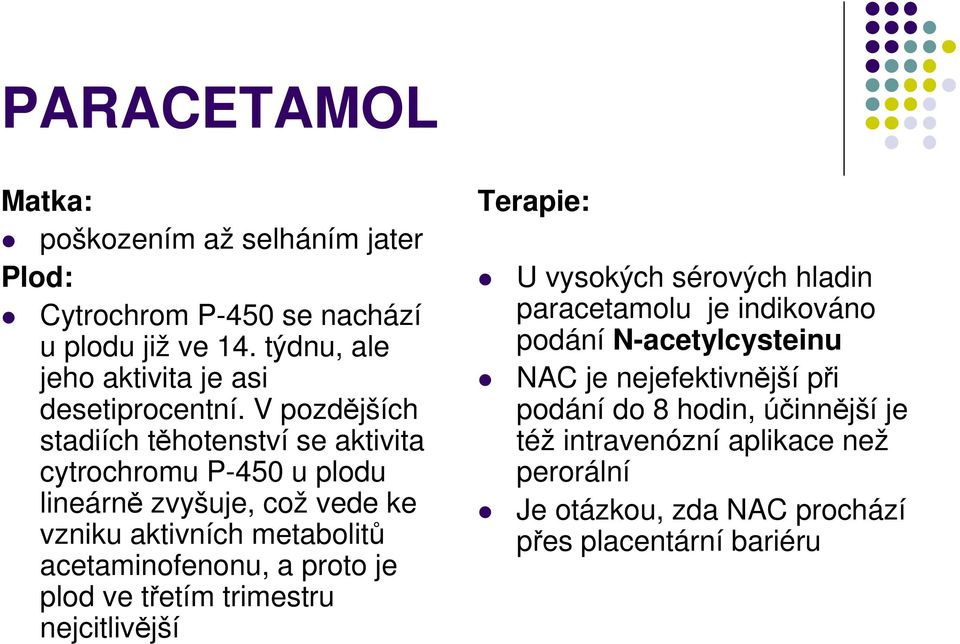 V pozdějších stadiích těhotenství se aktivita cytrochromu P-450 u plodu lineárně zvyšuje, což vede ke vzniku aktivních metabolitů acetaminofenonu,