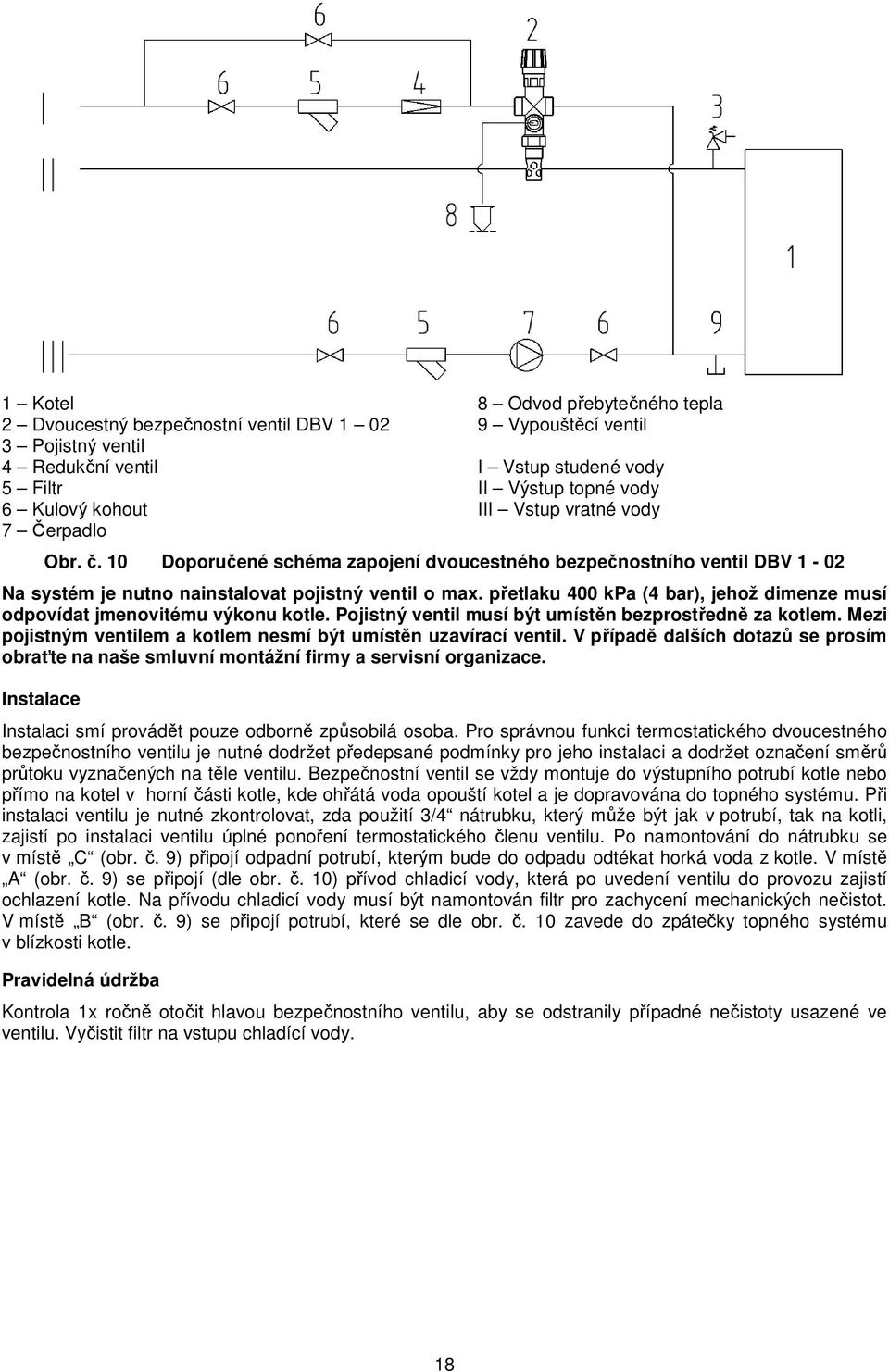 přetlaku 400 kpa (4 bar), jehož dimenze musí odpovídat jmenovitému výkonu kotle. Pojistný ventil musí být umístěn bezprostředně za kotlem.