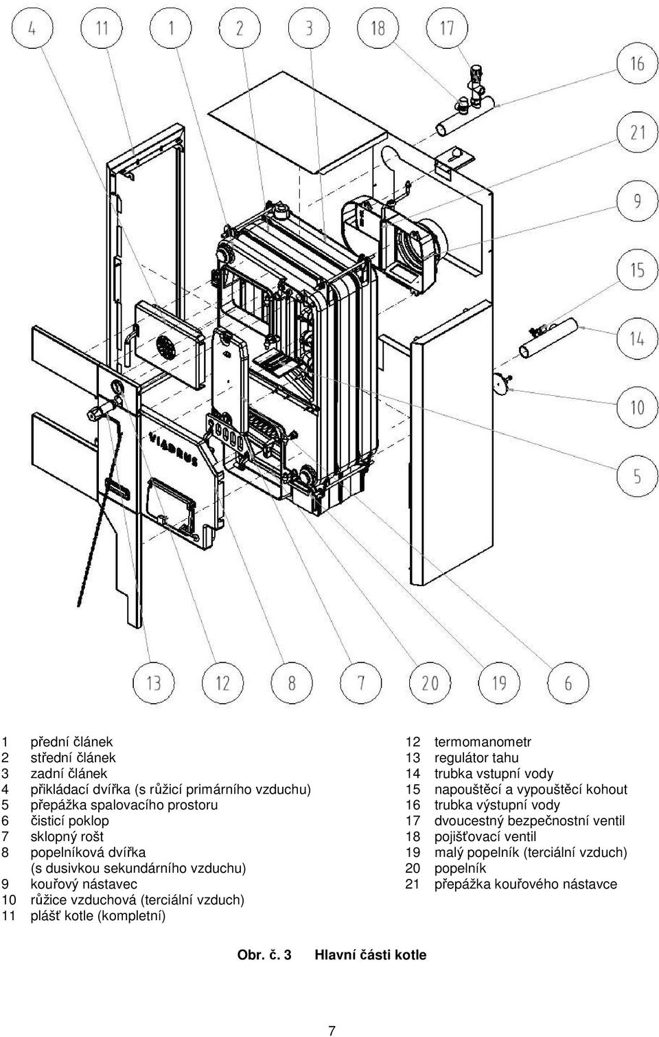 kotle (kompletní) 12 termomanometr 13 regulátor tahu 14 trubka vstupní vody 15 napouštěcí a vypouštěcí kohout 16 trubka výstupní vody 17