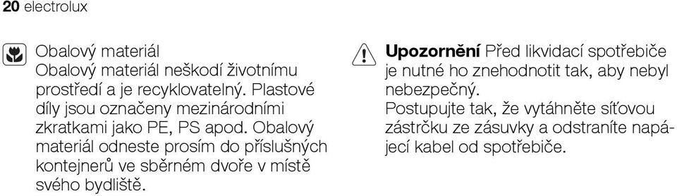 Obalový materiál odneste prosím do příslušných kontejnerů ve sběrném dvoře v místě svého bydliště.