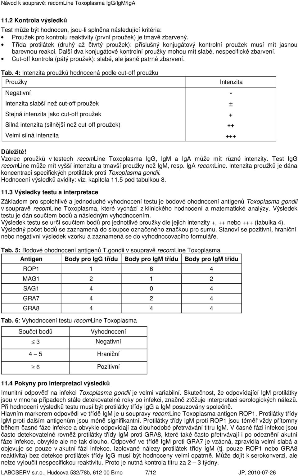 Cut-off kontrola (pátý proužek): slabé, ale jasně patrné zbarvení. Tab.