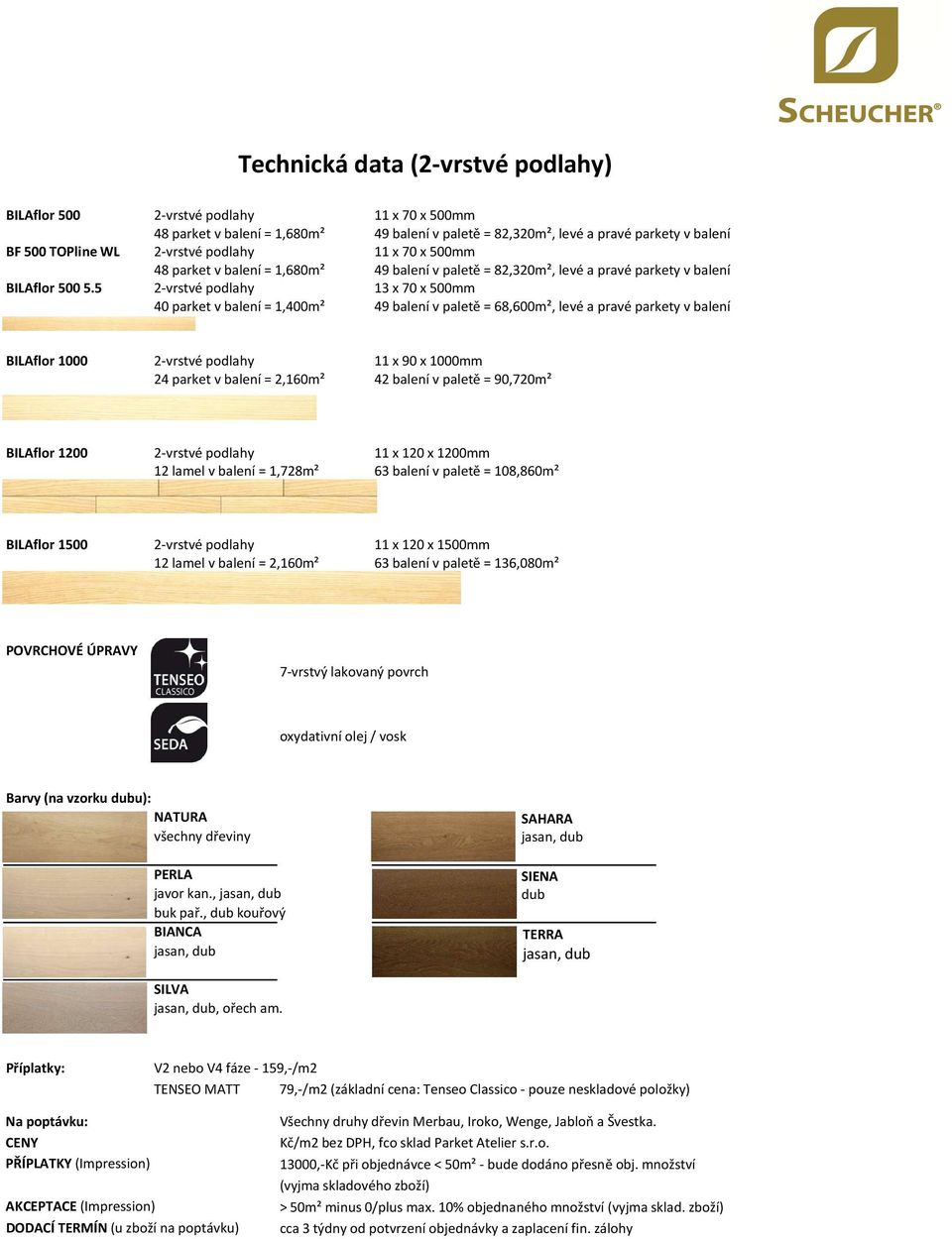 5 2-vrstvé podlahy 13 x 70 x 500mm 40 parket v balení = 1,400m² 49 balení v paletě = 68,600m², levé a pravé parkety v balení BILAflor 1000 2-vrstvé podlahy 11 x 90 x 1000mm 24 parket v balení =