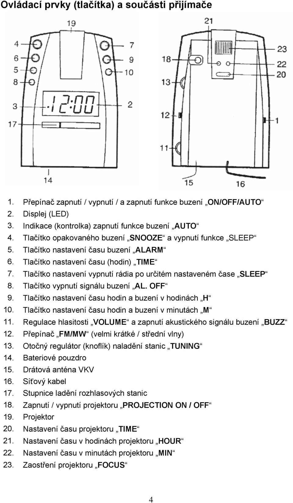 Tlačítko nastavení vypnutí rádia po určitém nastaveném čase SLEEP 8. Tlačítko vypnutí signálu buzení AL. OFF 9. Tlačítko nastavení času hodin a buzení v hodinách H 10.