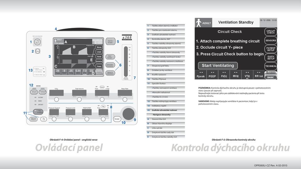 nabídky hlavní obrazovky Tlačítko nabídky rozšířených funkcí Tlačítko nabídky nastavení a kalibrace 7 Sloupcový graf tlaku 8 Ovládací prvky ventilace 9 Knoflík nastavení 10 Tlačítko Přijmout 11