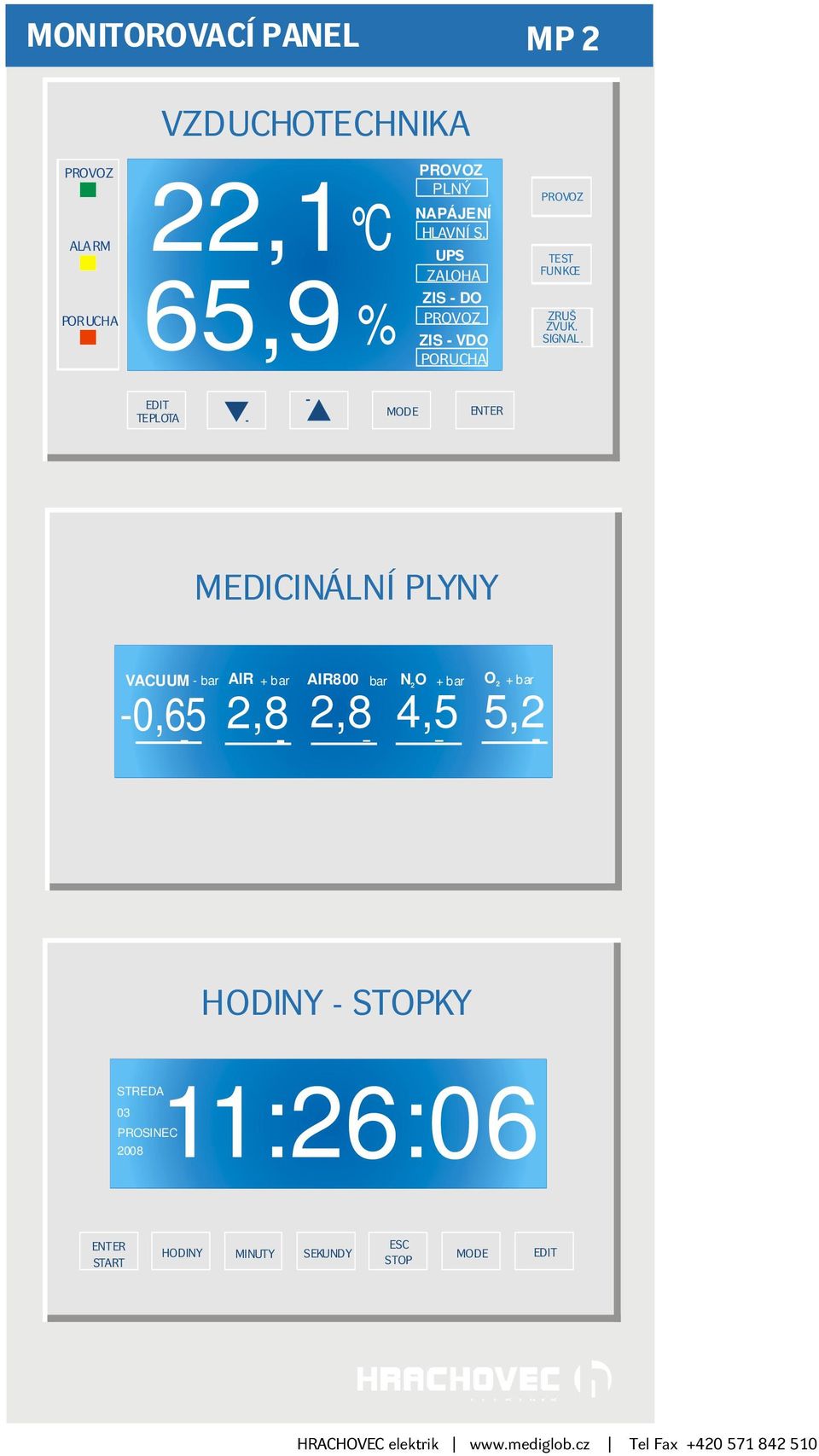 EDIT TEPLOTA MODE MEDICINÁLNÍ PLYNY VACUUM -0,65 - bar AIR AIR800 N O 2,8 + bar 2,8 bar