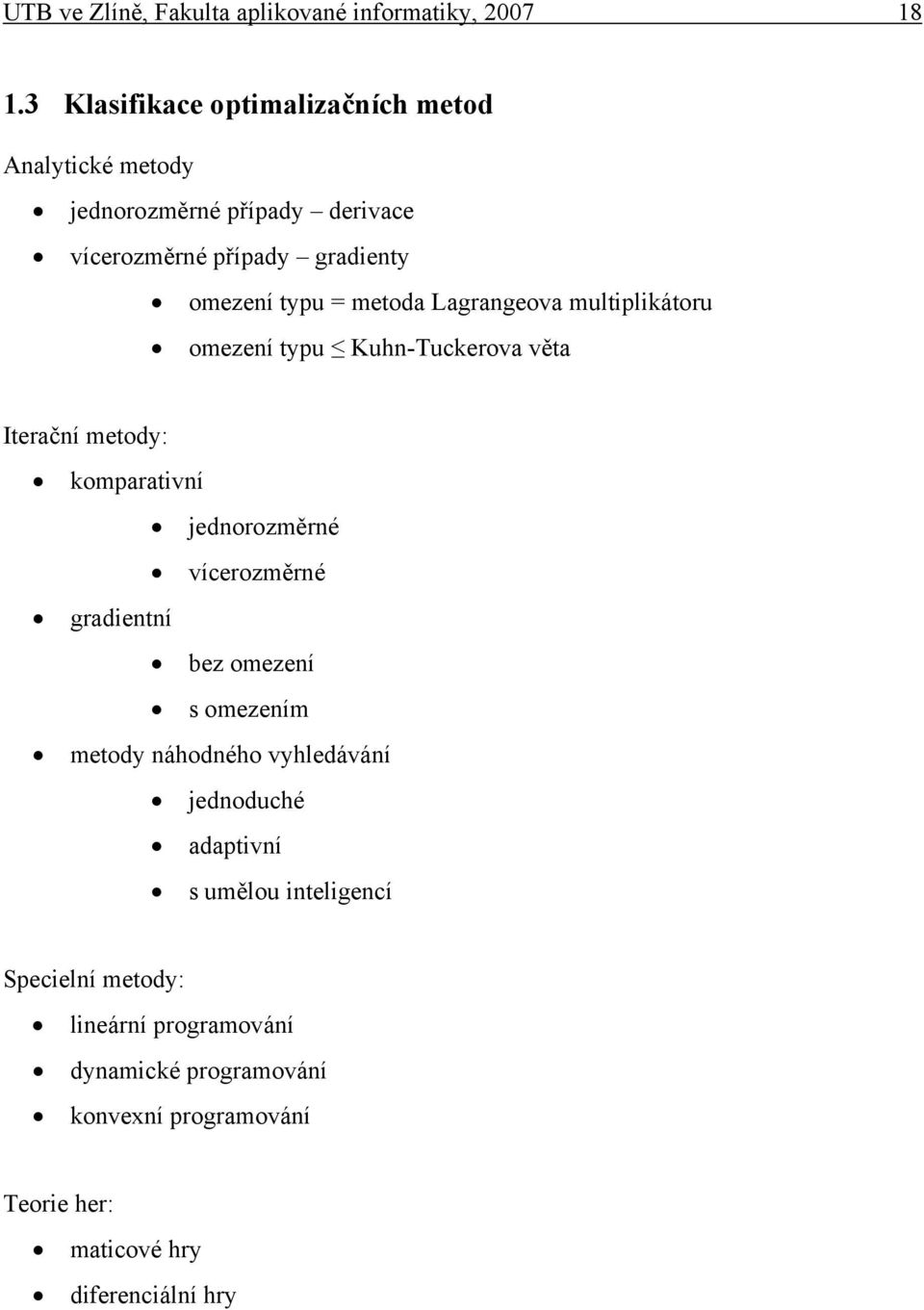 metoda Lagrangeova multplkátoru omezení typu Kuhn-Tuckerova věta Iterační metody: komparatvní jednorozměrné vícerozměrné