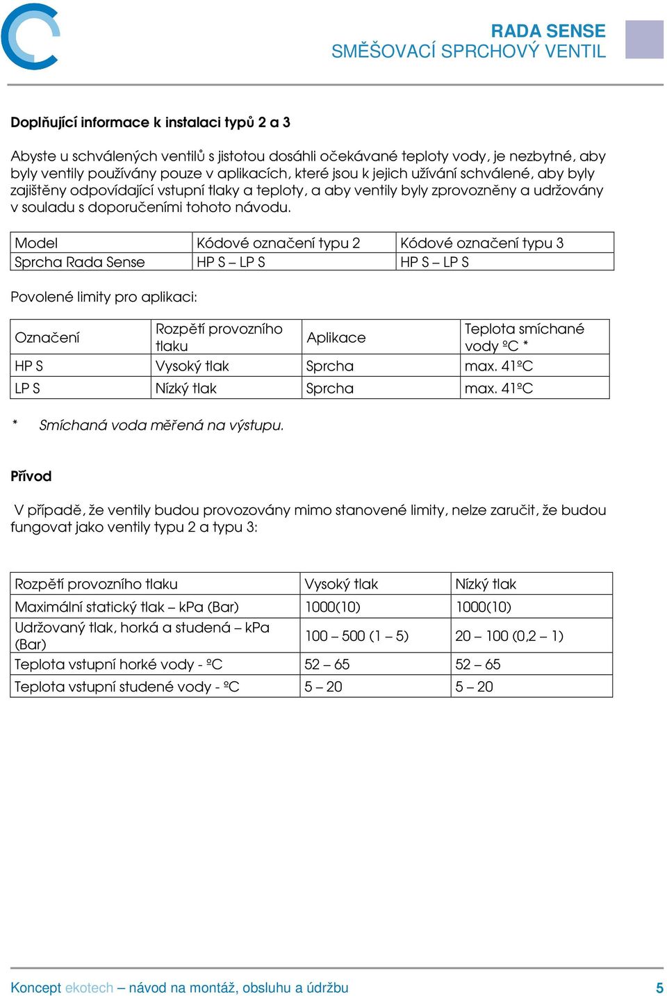Model Kódové označení typu 2 Kódové označení typu 3 Sprcha Rada Sense HP S LP S HP S LP S Povolené limity pro aplikaci: Označení Rozpětí provozního tlaku Aplikace Teplota smíchané vody ºC * HP S