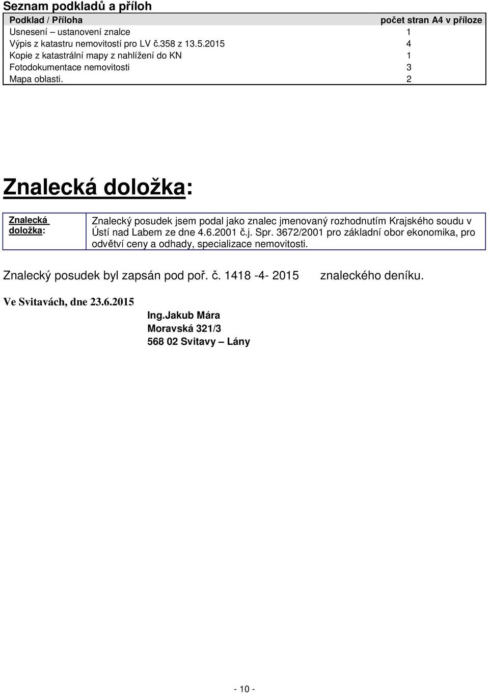 2 Znalecká doložka: Znalecká doložka: Znalecký posudek jsem podal jako znalec jmenovaný rozhodnutím Krajského soudu v Ústí nad Labem ze dne 4.6.2001 č.j. Spr.