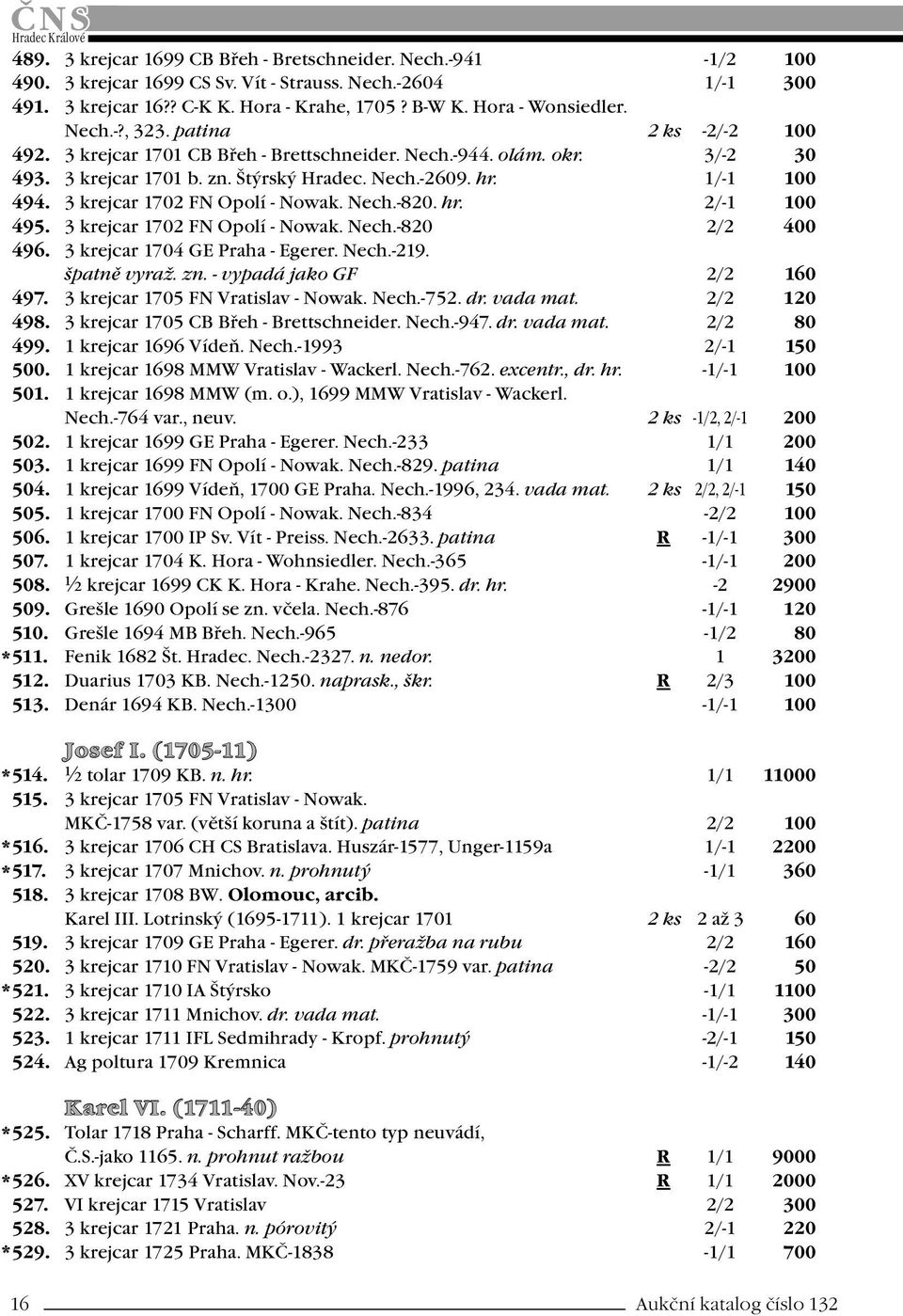 3 krejcar 1702 FN Opolí - Nowak. Nech.-820. hr. 2/-1 100 495. 3 krejcar 1702 FN Opolí - Nowak. Nech.-820 2/2 400 496. 3 krejcar 1704 GE Praha - Egerer. Nech.-219. špatně vyraž. zn.
