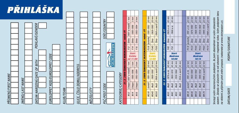 . 2. 2009 ŠUMAVSKÝ MINIMARATON - volně- FT F12 Dívky 1997 a mladší 1 km Start Kvilda od 11:00 M12 Chlapci 1997 a mladší 1 km M14 Chlapci 1995-1996 5 km F14 Dívky 1995-1996 5 km M16 Chlapci 1993-1994
