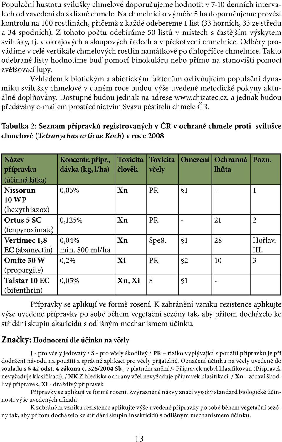 Z tohoto počtu odebíráme 50 listů v místech s častějším výskytem svilušky, tj. v okrajových a sloupových řadech a v překotvení chmelnice.