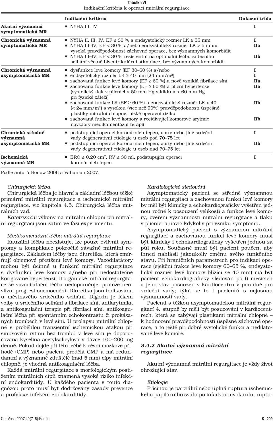 IV, EF 30 % a endsystolický rozměr LK 55 mm I symptomatická MR NYHA III IV, EF < 30 % a/nebo endsystolický rozměr LK > 55 mm, IIa vysoká pravděpodobnost záchovné operace, bez významných komorbidit