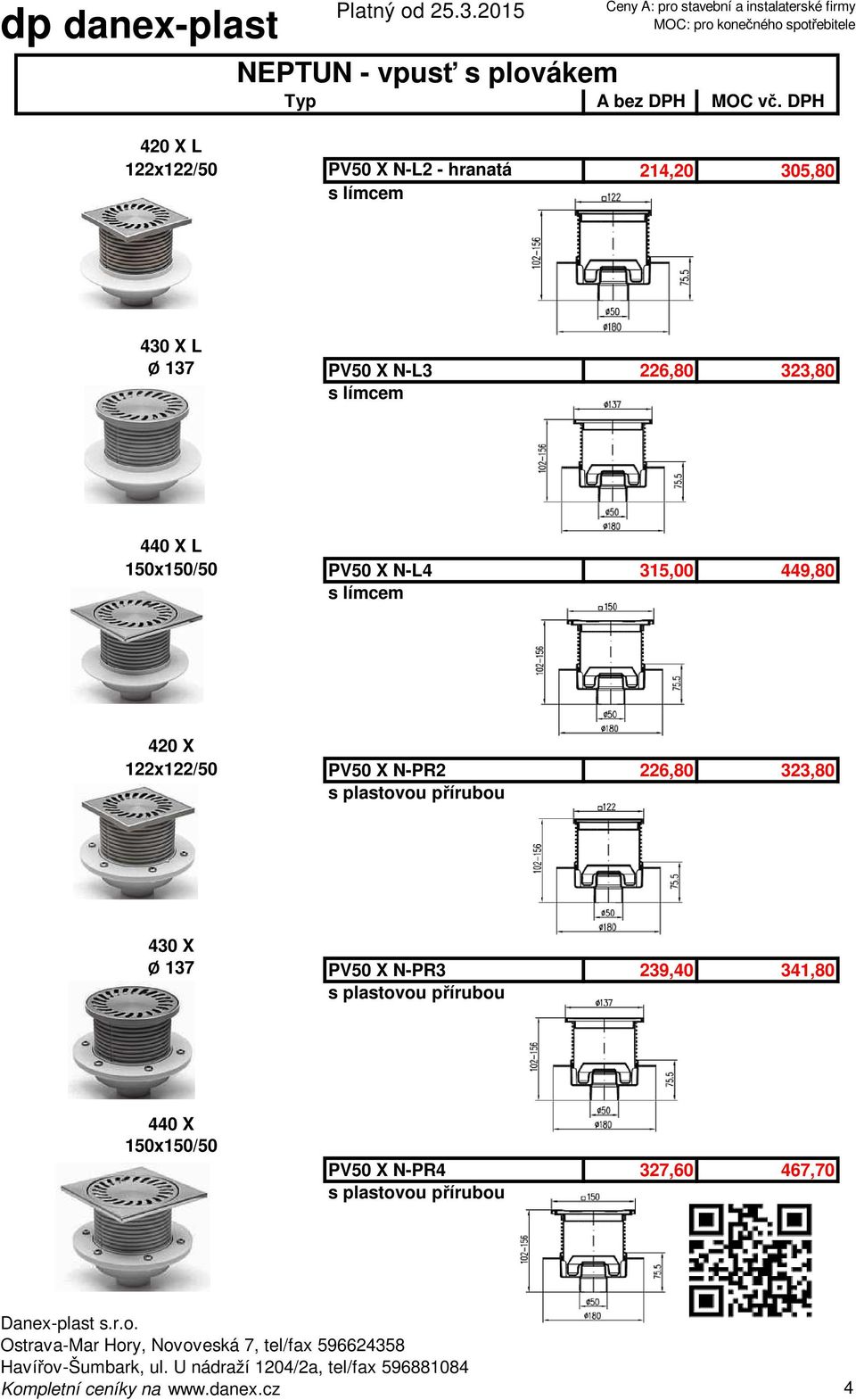 122x122/50 PV50 X N-PR2 226,80 323,80 s plastovou přírubou 430 X Ø 137 PV50 X N-PR3 239,40 341,80 s