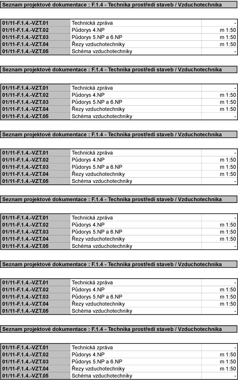 NP m 1:50 01/11-F.1.4.-VZT.04 Řezy vzduchotechniky m 1:50 01/11-F.1.4.-VZT.05 Schéma vzduchotechniky -