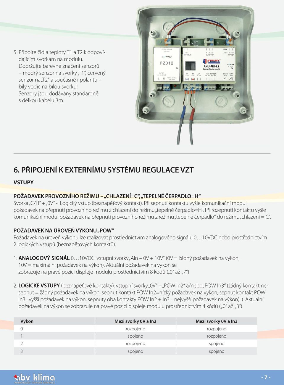 PŘIPOJENÍ K EXTERNÍMU SYSTÉMU REGULACE VZT VSTUPY POŽADAVEK PROVOZNÍHO REŽIMU CHLAZENÍ=C, TEPELNÉ ČERPADLO=H Svorka C/H + 0V - Logický vstup (beznapěťový kontakt).